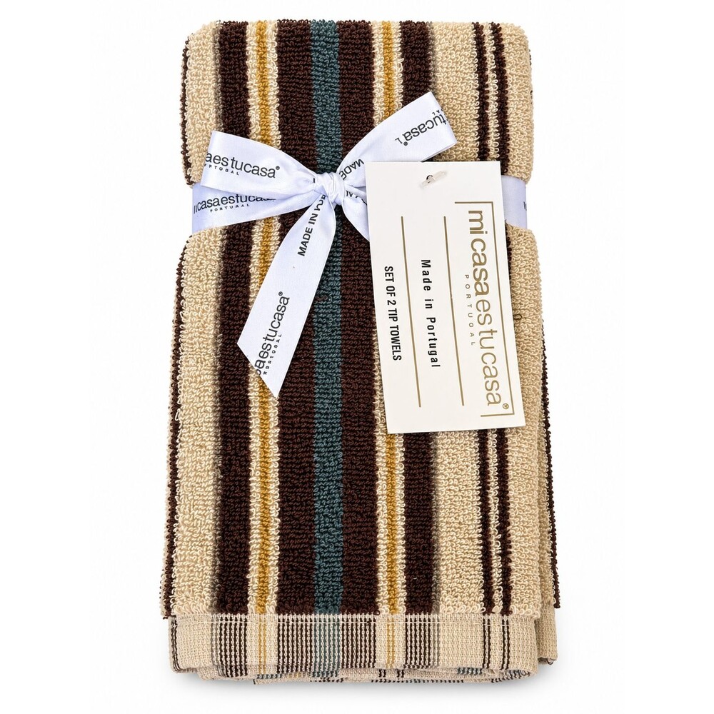 Mi Casa Fingertip Towels Set of 2 Beige Brown Blue Striped Luxury Portugal